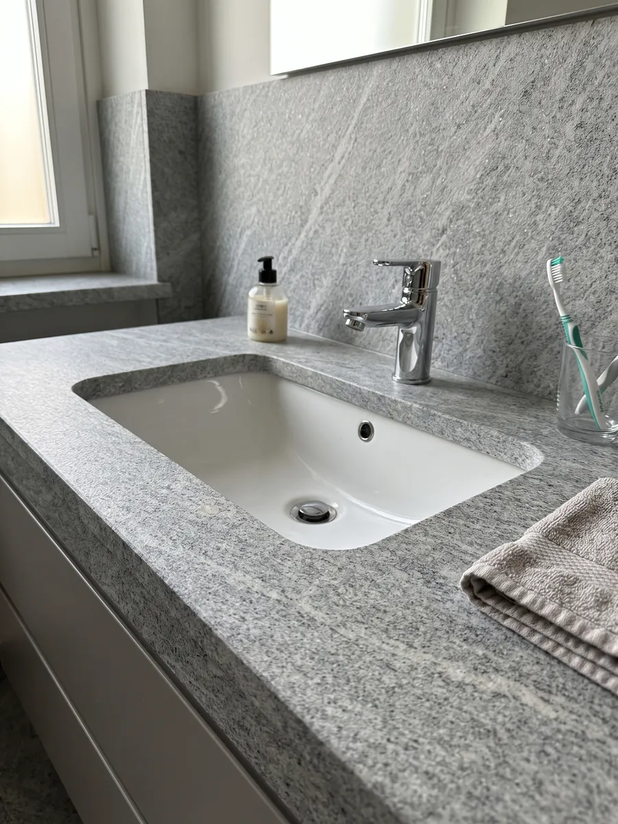 Vanity top and bathroom wall in gray Beola Grigia granite with a white sink and chrome faucets: grainy light gray with fine diagonal streaks