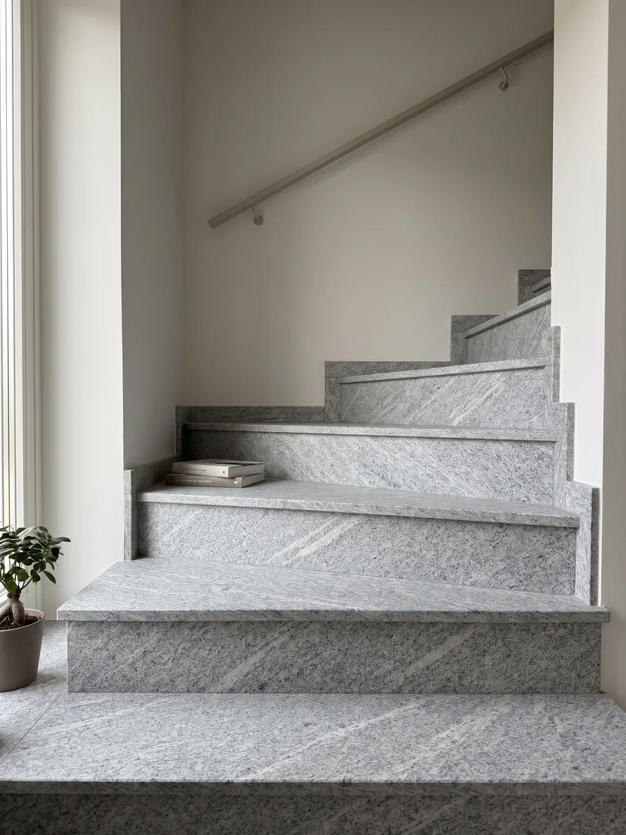 Interior staircase with gray Beola Grigia granite steps and a handrail: grainy light gray with fine diagonal streaks
