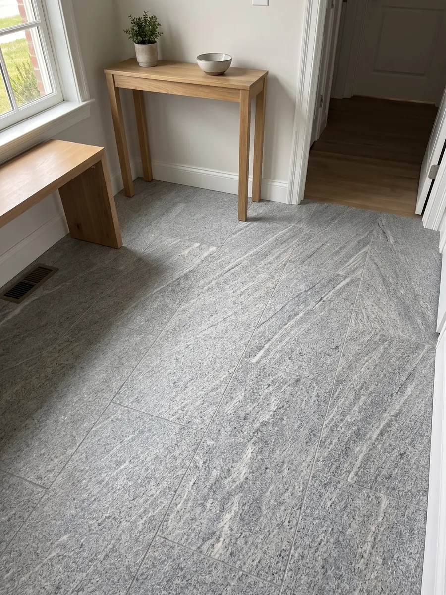 Entryway floor in large gray Beola Grigia granite slabs with natural light: grainy light gray with fine diagonal streaks