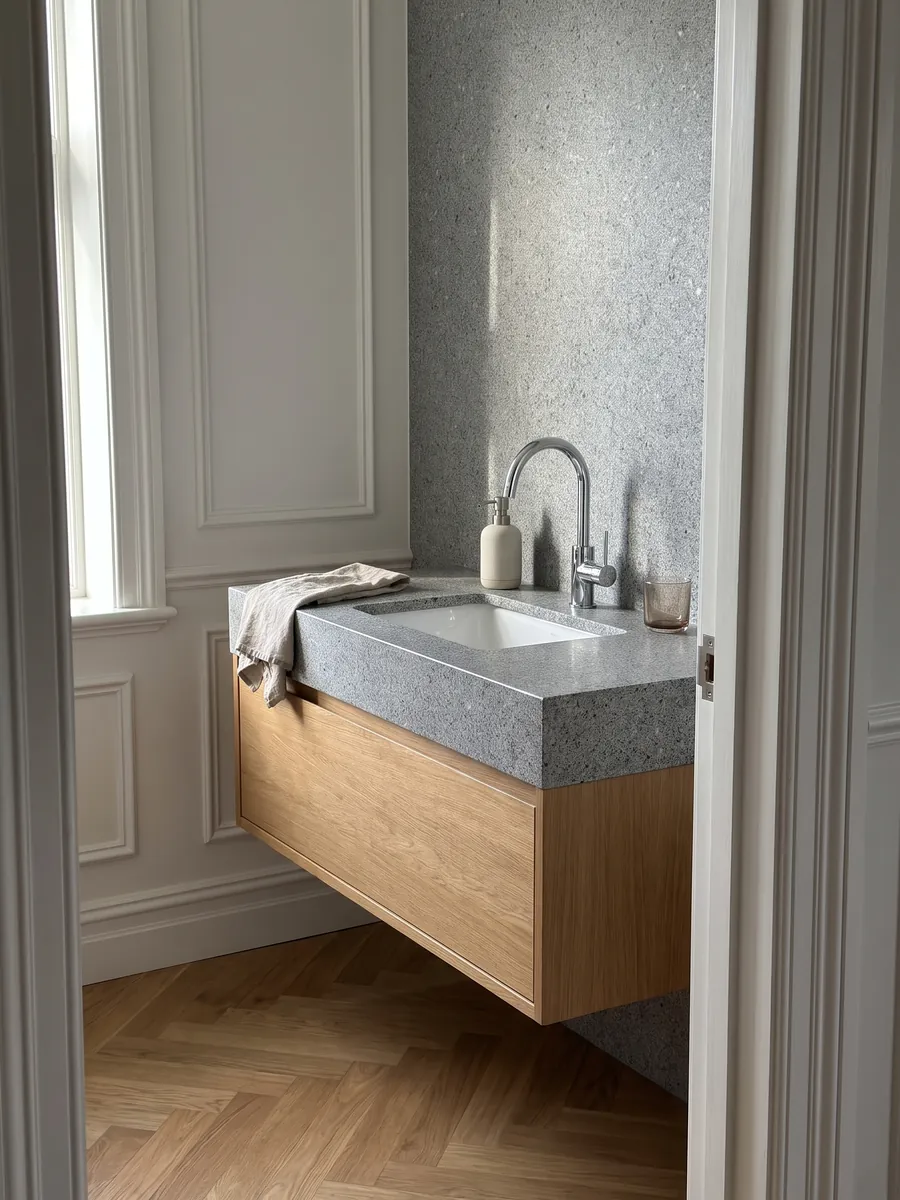 Bathroom vanity top and wall in Gris Mara granite with a white sink and chrome fixtures: neutral gray with fine white and black grain spread evenly