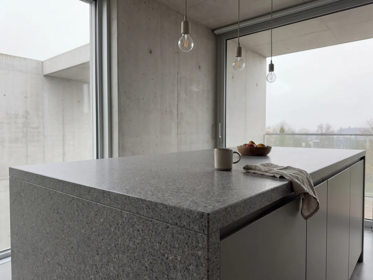 Kitchen island with a Gris Mara granite countertop and a straight edge in a kitchen with natural light: neutral gray with fine white and black speckles evenly spread
