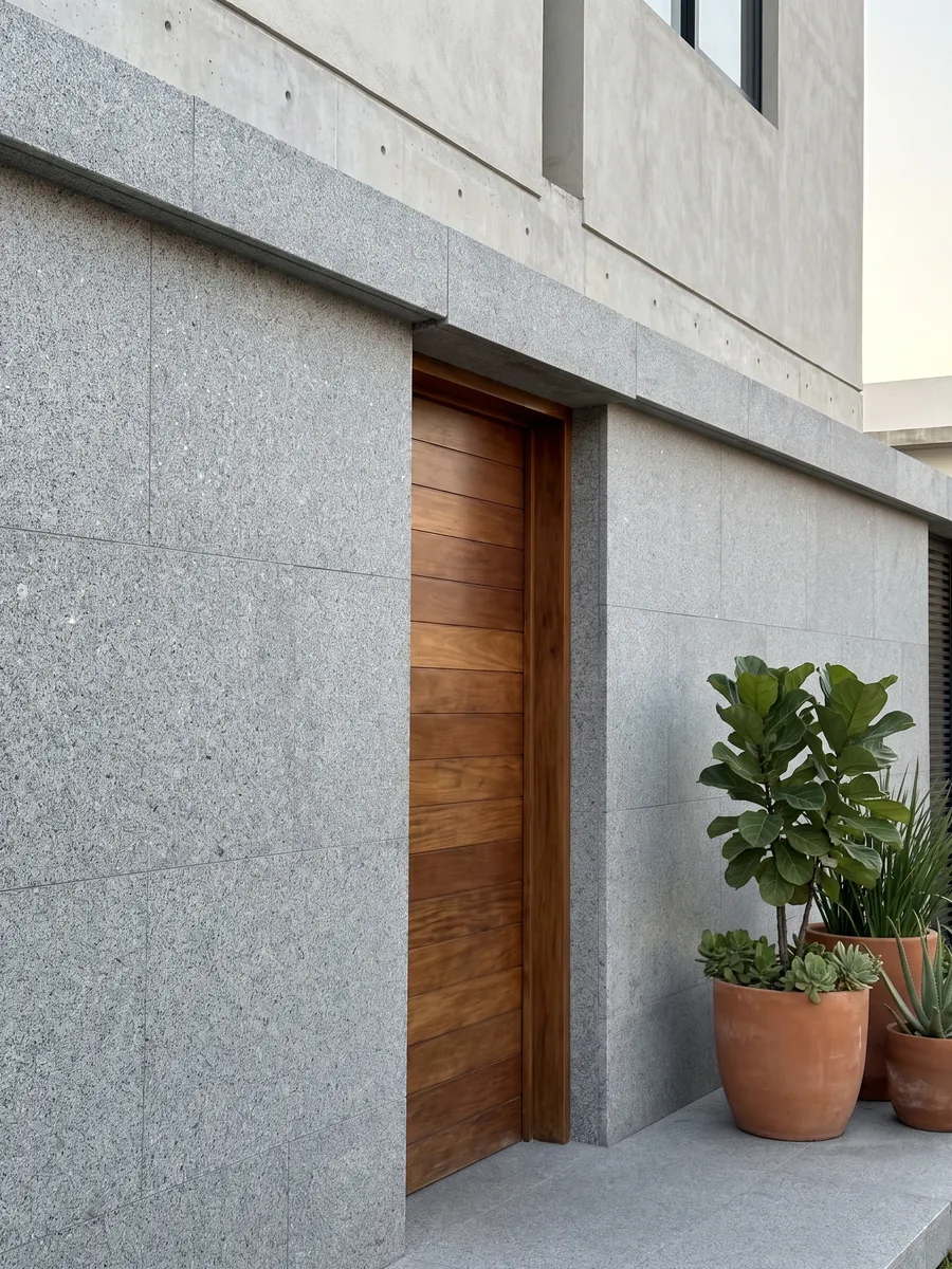 House facade clad in Gris Mara granite next to a wood door: neutral gray with fine white and black grain spread evenly