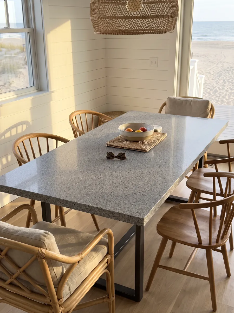 Dining table with a Gris Mara granite top on a steel base: neutral gray with fine white and black grain spread evenly