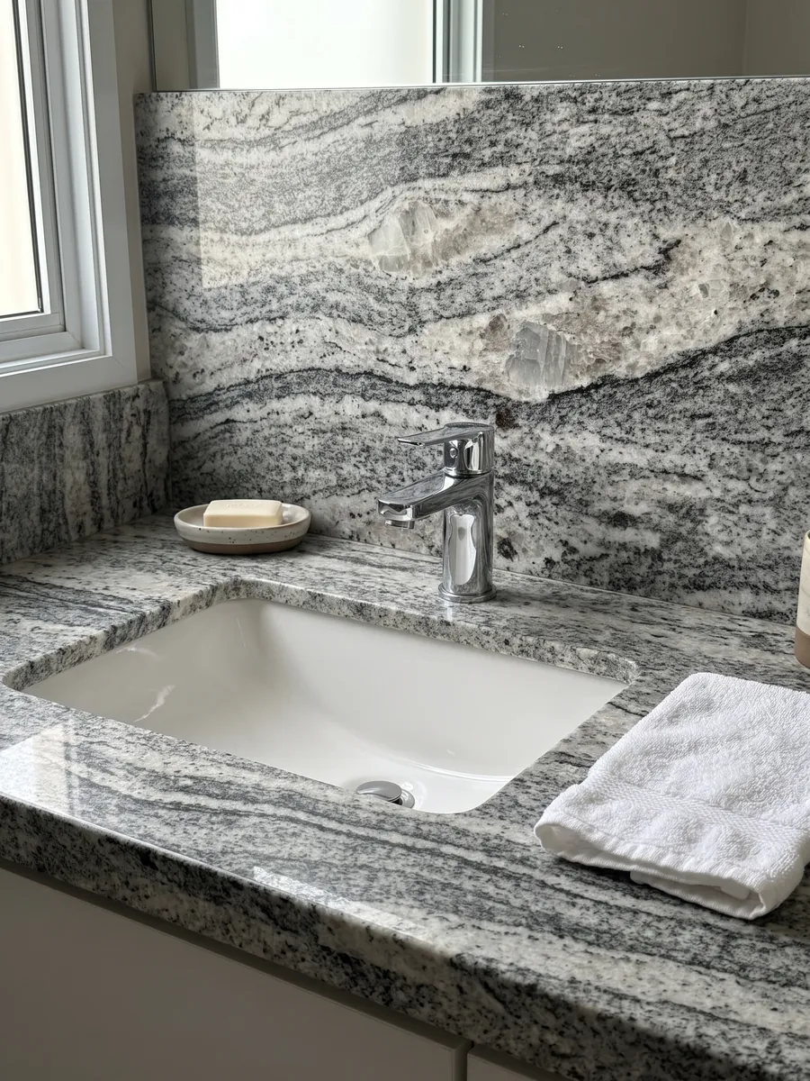Bathroom vanity top and wall in Piracema White gray granite with a white sink and chrome faucets: wavy gray and white bands with one large light fragment