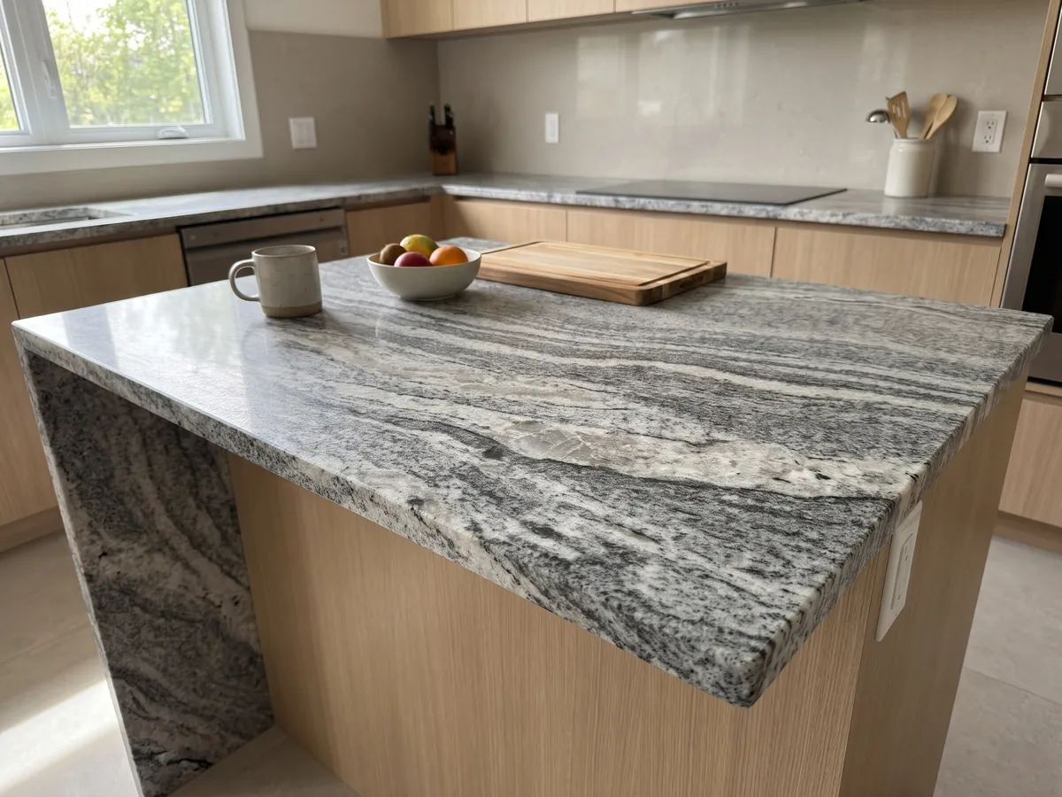 Kitchen island with a Piracema White granite countertop and a straight edge in a kitchen with natural light: wavy gray and white bands with a large light fragment