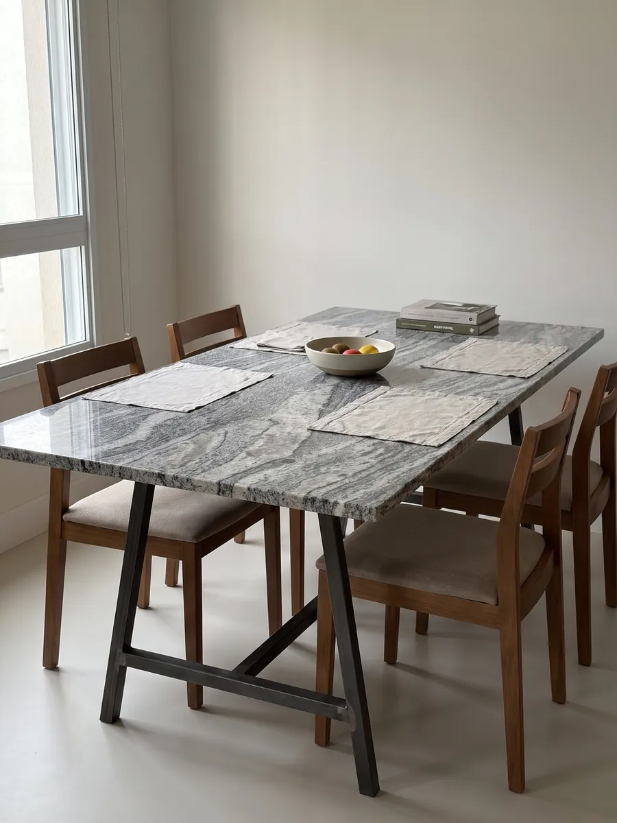 Dining table with a Piracema White gray granite top on a steel base: wavy gray and white bands with one large light fragment