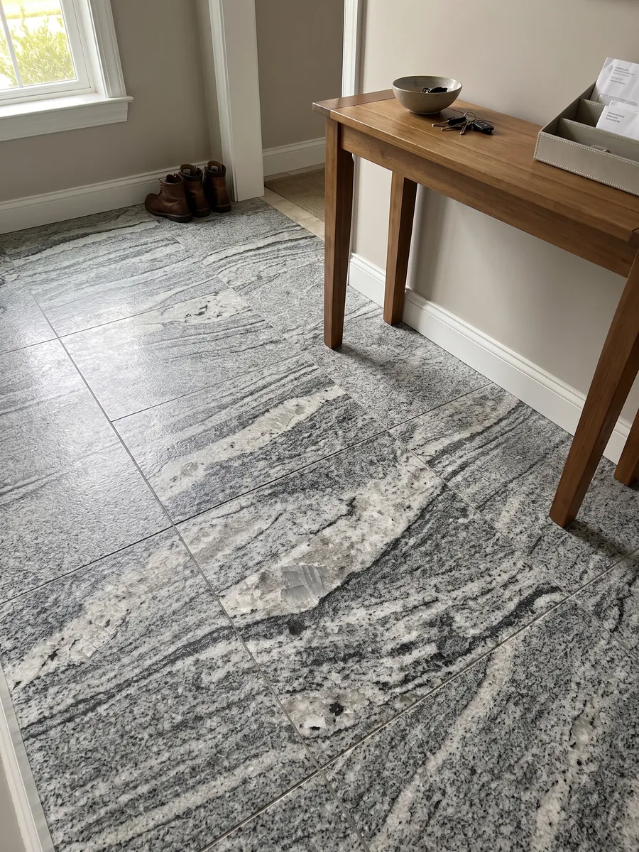 Entryway floor in large Piracema White gray granite slabs with natural light: wavy gray and white bands with one large light fragment