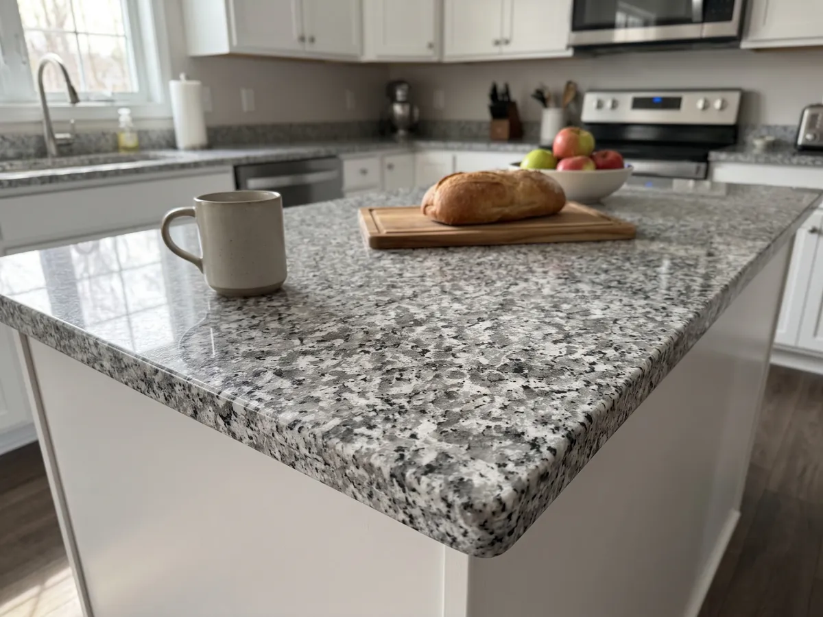 Kitchen island with a Sardo Grigio granite countertop and a straight edge in a kitchen with natural light: light gray salt and pepper with a medium grain