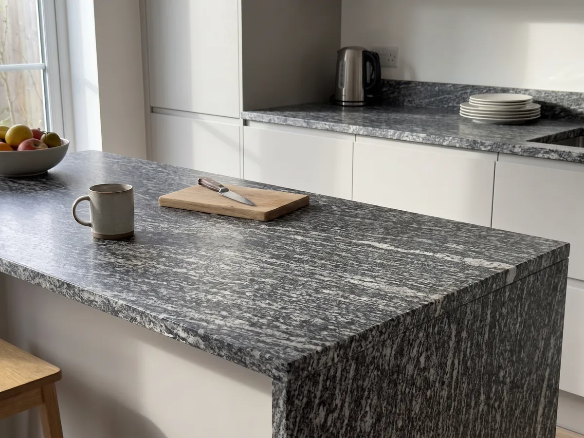 Kitchen island with a Serizzo granite countertop and a straight edge in a kitchen with natural light: dark gray with elongated horizontal white streaks