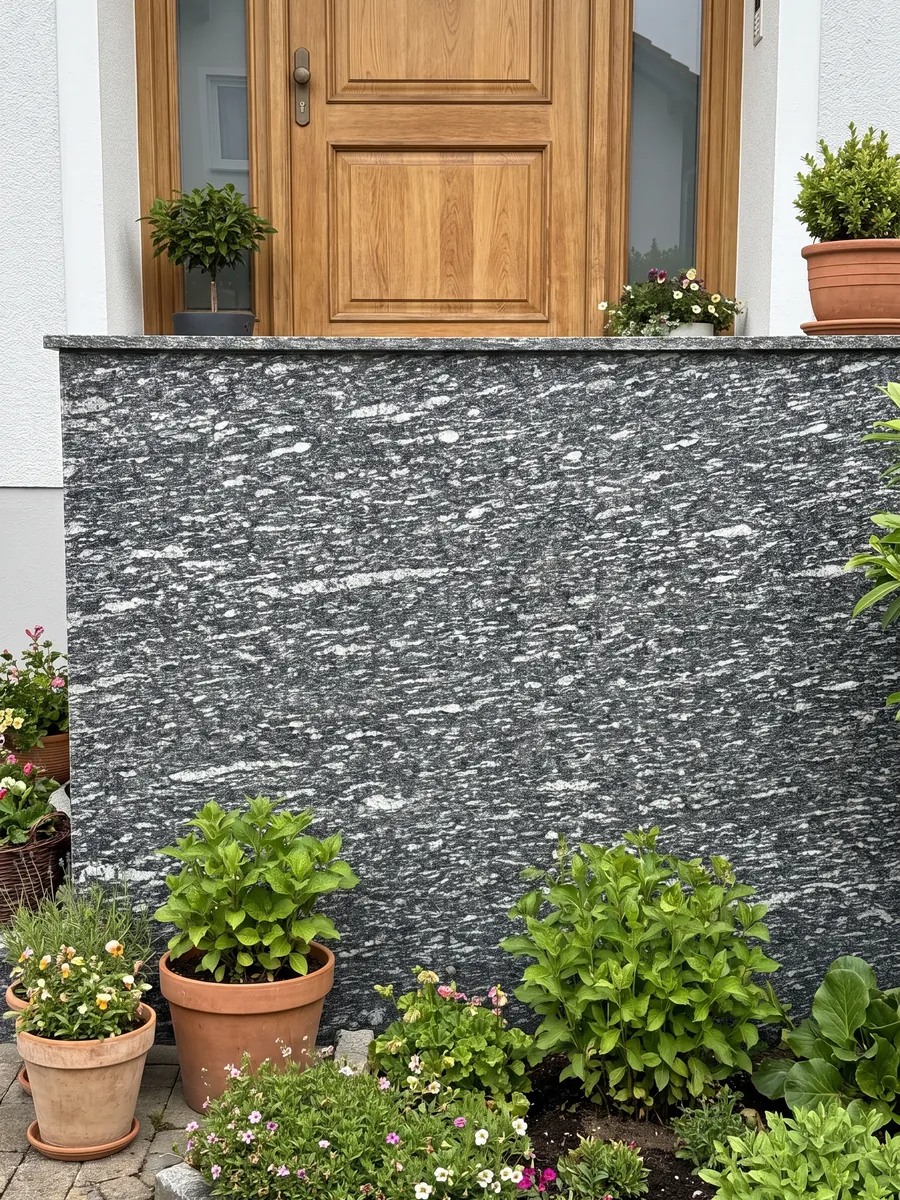 House facade clad in Serizzo granite next to a wooden door: dark gray with elongated horizontal white streaks