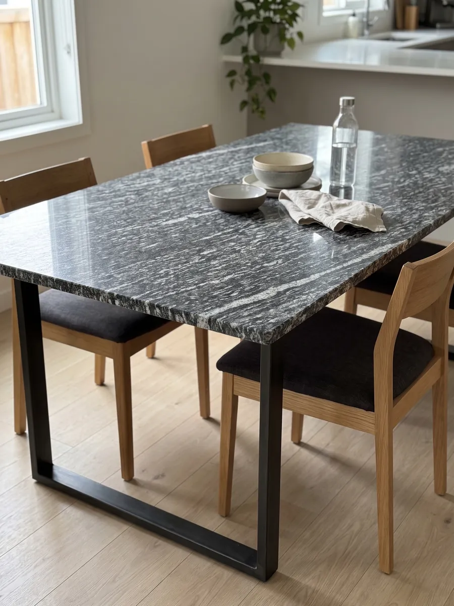 Dining table with a Serizzo granite top on a steel base: dark gray with elongated horizontal white streaks
