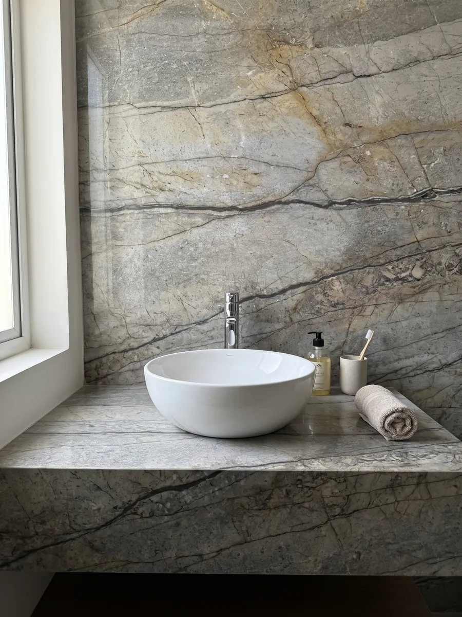 Vanity top and bathroom wall in Silver Roots granite with a white sink and chrome faucets: taupe gray with horizontal dark veins and a natural stone look