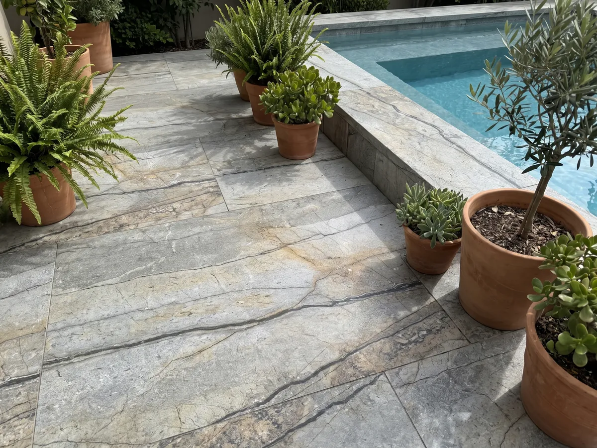 Terrace floor and pool coping in Silver Roots granite with planters: taupe gray with horizontal dark veins and a natural stone look