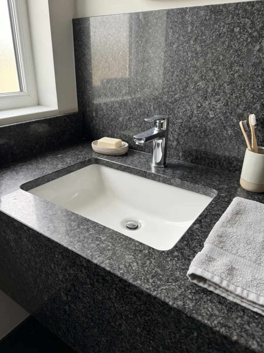 Bathroom vanity top and wall in Steel Grey granite with a white sink and chrome fixtures: medium steel-gray grain on an almost black background, with small lighter gray areas spread throughout
