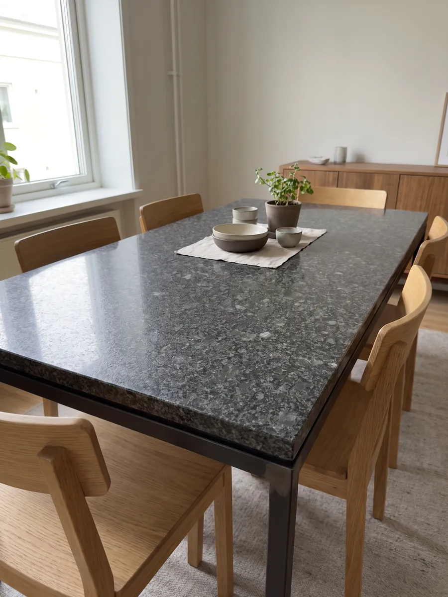 Dining table with a Steel Grey granite top on a steel base: medium steel-gray grain on an almost black background, with small lighter gray areas spread throughout