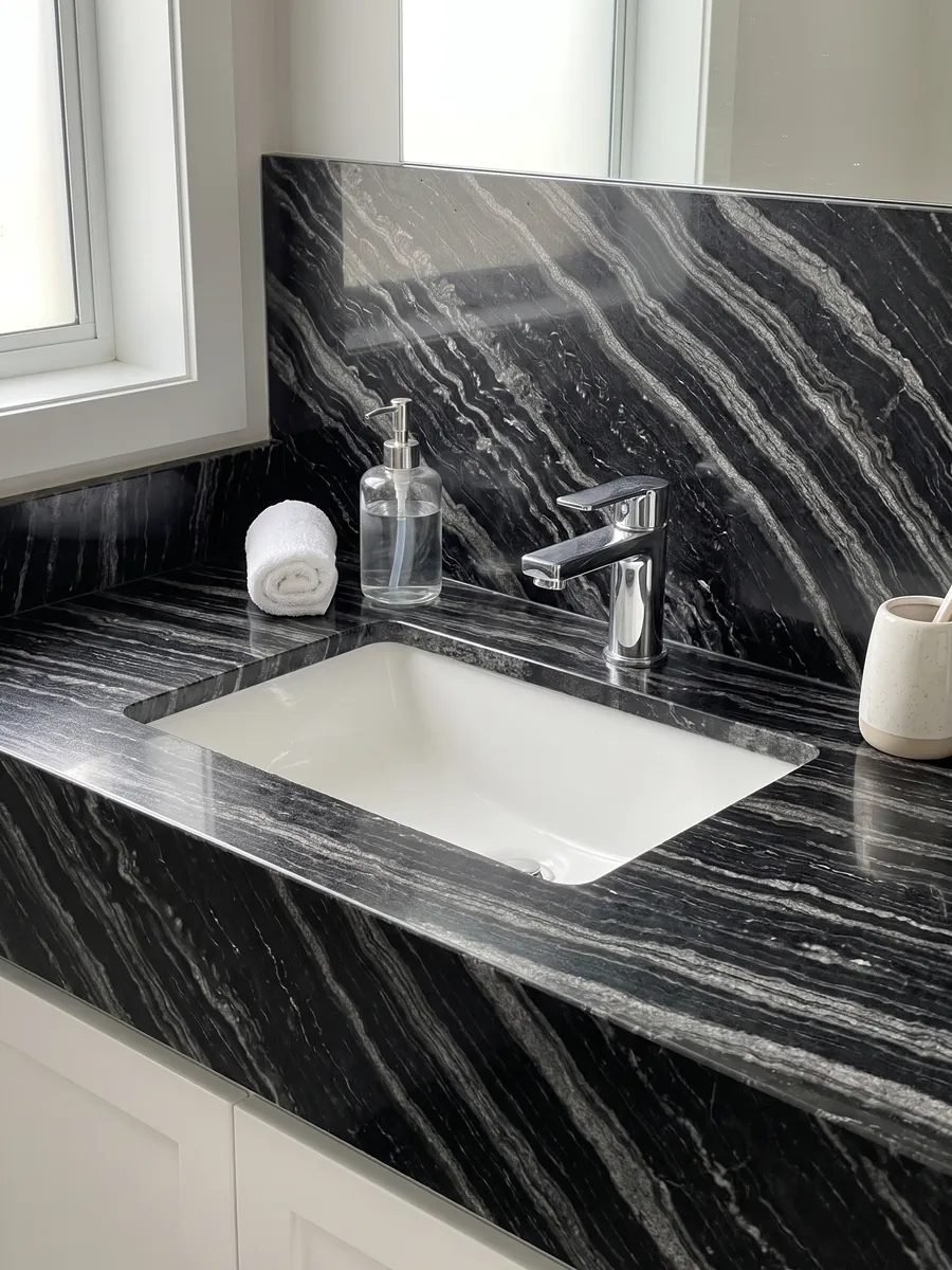 Vanity top and bathroom wall in black Agata Black granite with a white sink and chrome faucets: black with parallel wavy silver-gray bands set on the diagonal