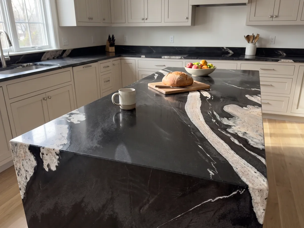 Kitchen island with a black Copacabana granite countertop and a straight edge in a kitchen with natural light: black with a wavy cream band crossing on the diagonal