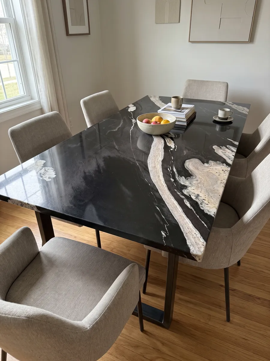 Dining table with a black Copacabana granite top on a steel base: black with a wavy cream band crossing on the diagonal
