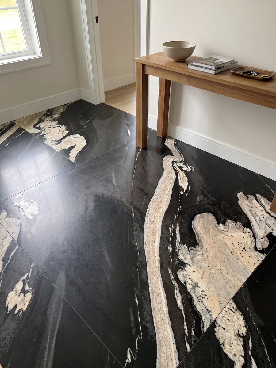 Entryway floor in large slabs of black Copacabana granite with natural light: black with a wavy cream band crossing on the diagonal