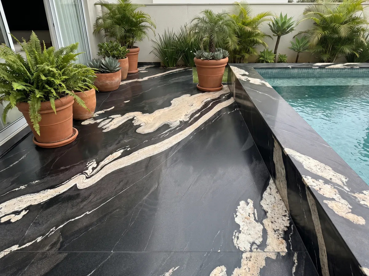Terrace floor and pool coping in black Copacabana granite with planters: black with a wavy cream band crossing on the diagonal