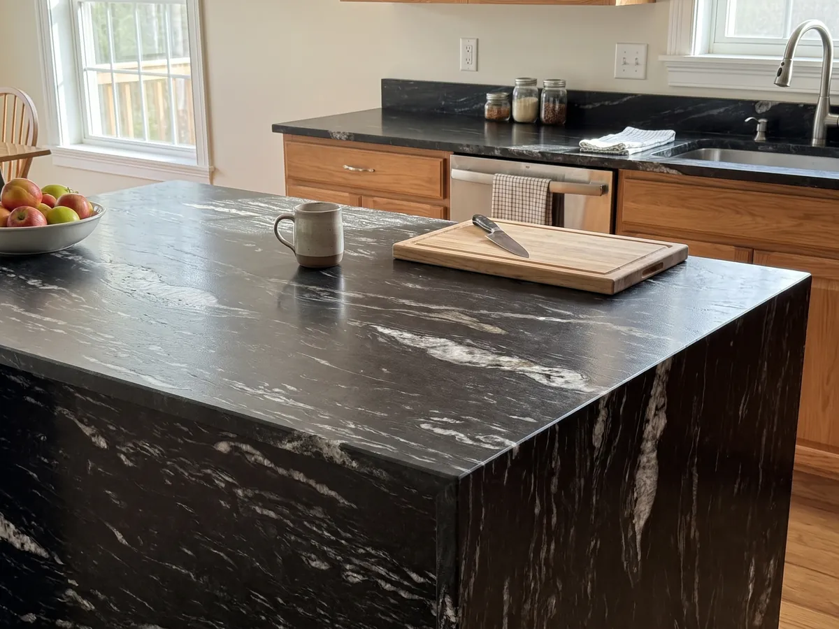 Kitchen island with a Cosmic Black granite countertop and a straight edge in a kitchen with natural light: black with horizontal wavy white veining