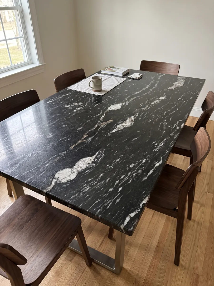 Dining table with a Cosmic Black granite top on a steel base: black with horizontal wavy white veining