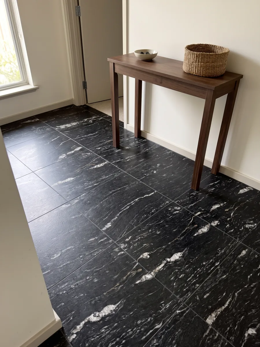 Entryway floor in large slabs of Cosmic Black granite with natural light: black with horizontal wavy white veining