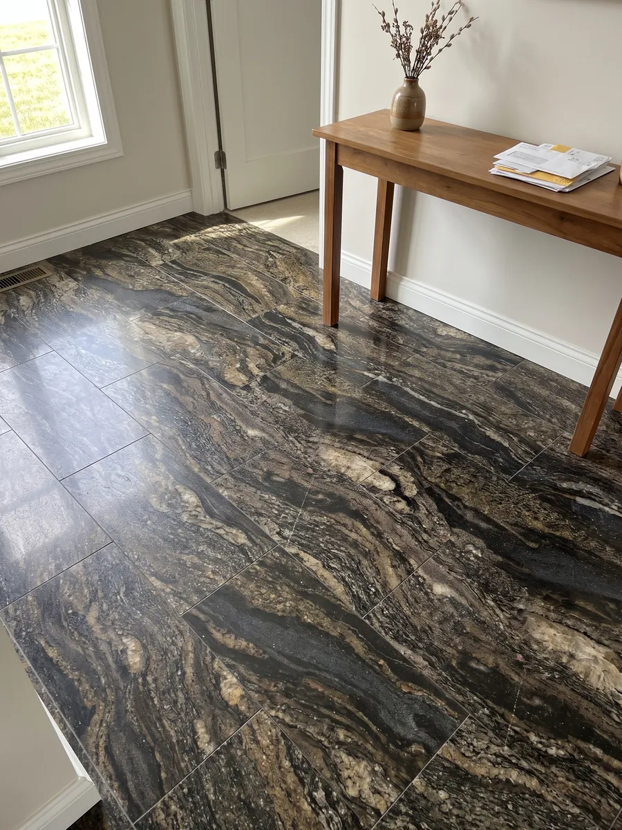 Entryway floor in large slabs of Cosmic Gold granite with natural light: black with golden and bronze patches in horizontal waves