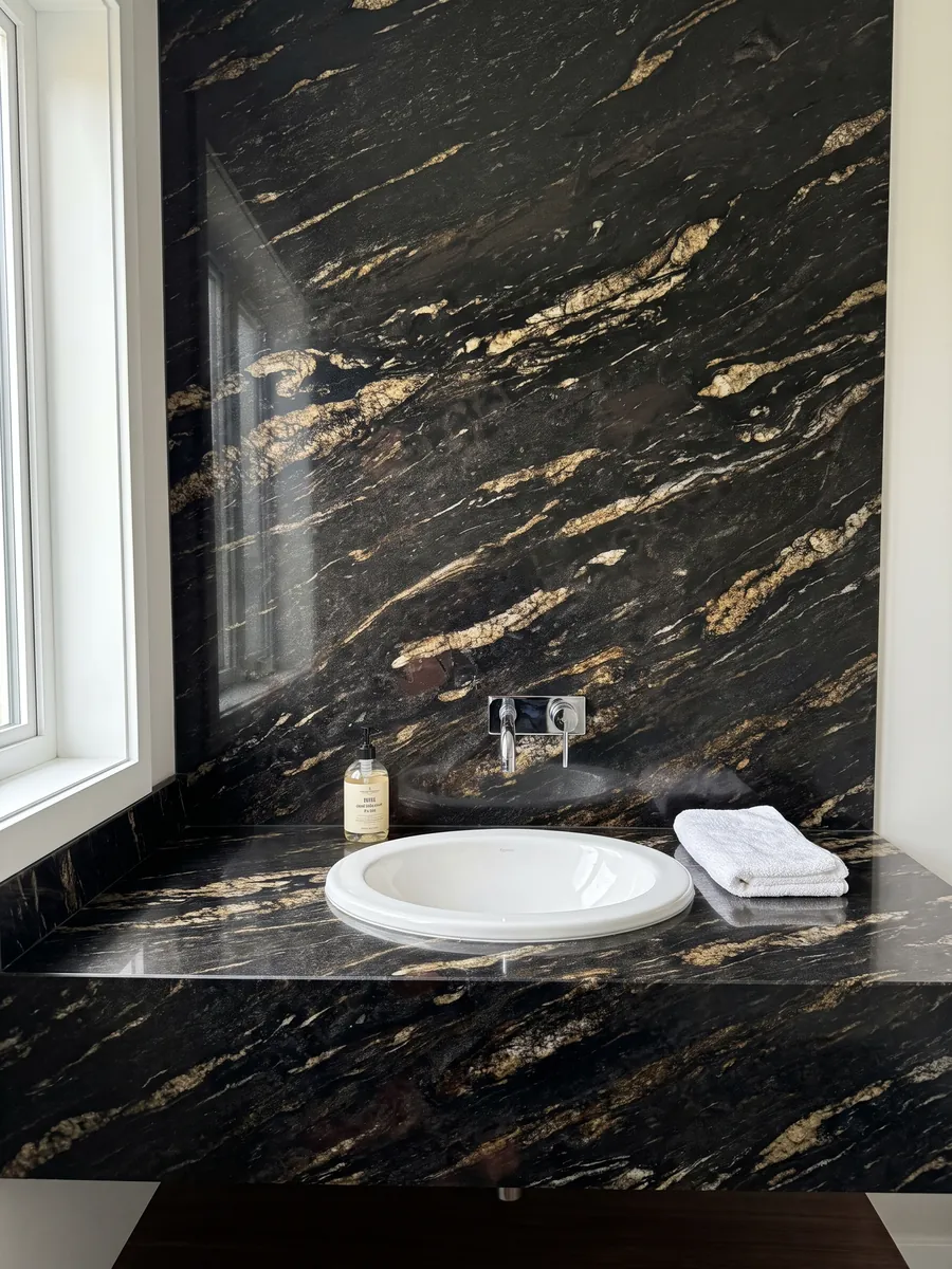 Bathroom vanity top and wall in black Matrix granite with a white sink and chrome fixtures: black with elongated golden streaks on the diagonal