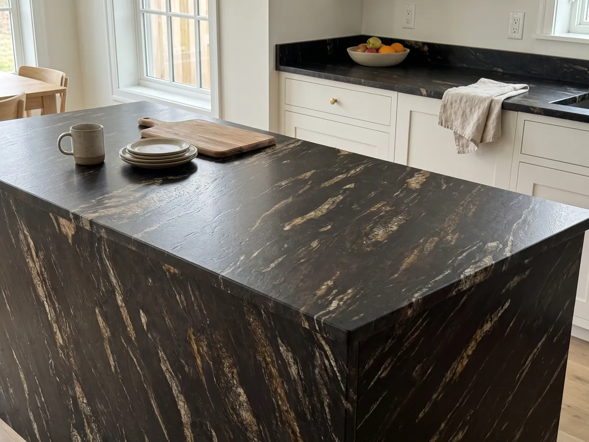 Kitchen island with a black Matrix granite countertop and a straight edge in a natural-light kitchen: black with elongated golden streaks on the diagonal