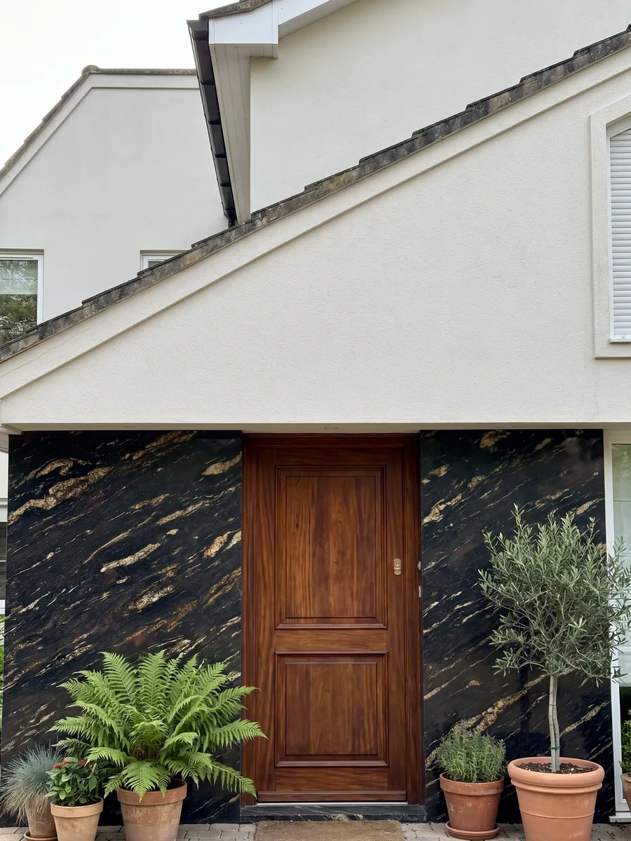 House facade clad in black Matrix granite next to a wood door: black with elongated golden streaks on the diagonal