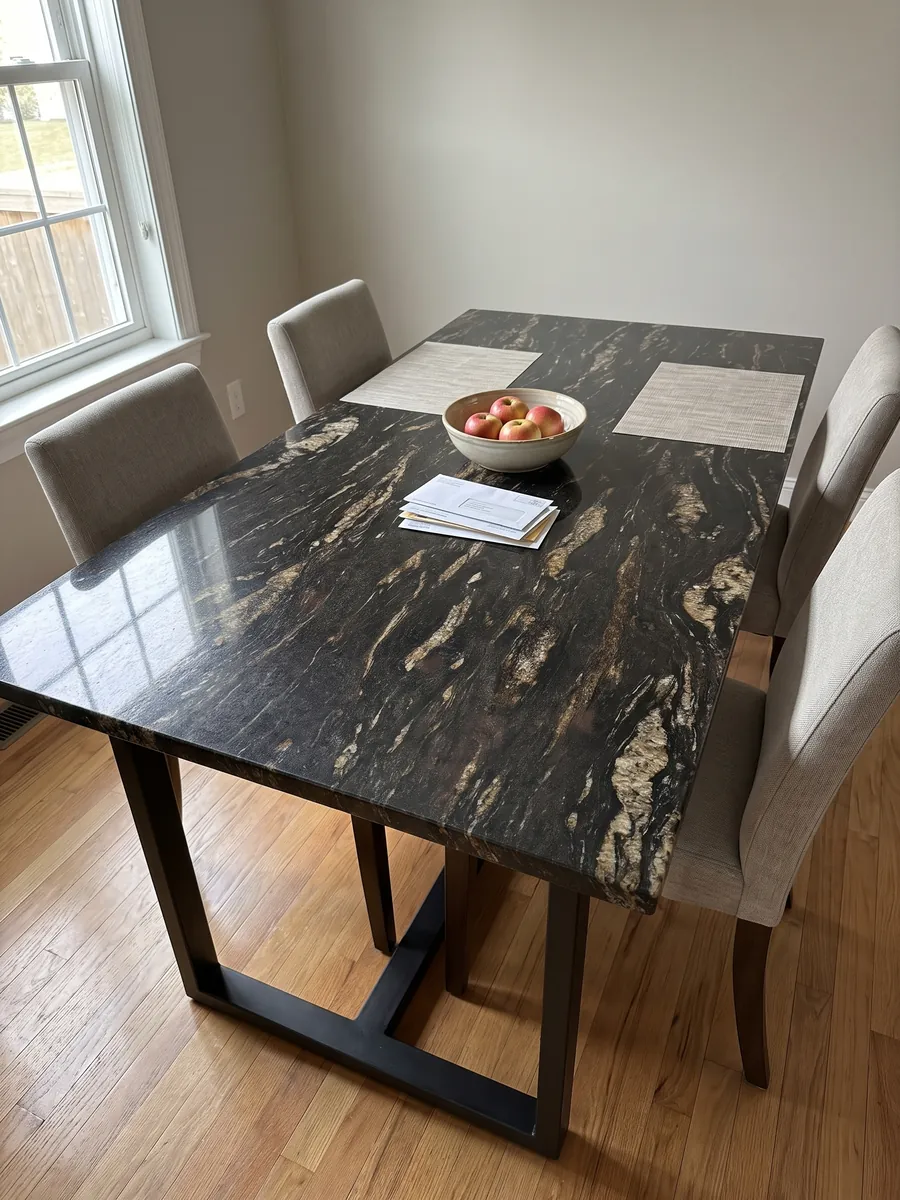 Dining table with a black Matrix granite top on a steel base: black with elongated golden streaks on the diagonal