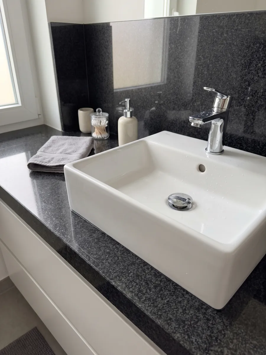 Bathroom vanity top and wall in Nero Africa black granite with a white sink and chrome faucets: uniform fine-grained black with a light gray speckle