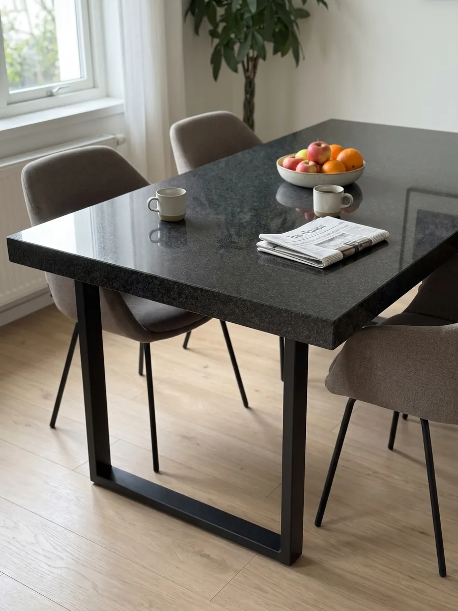 Dining table with a Nero Africa black granite top on a steel base: uniform fine-grained black with a light gray speckle