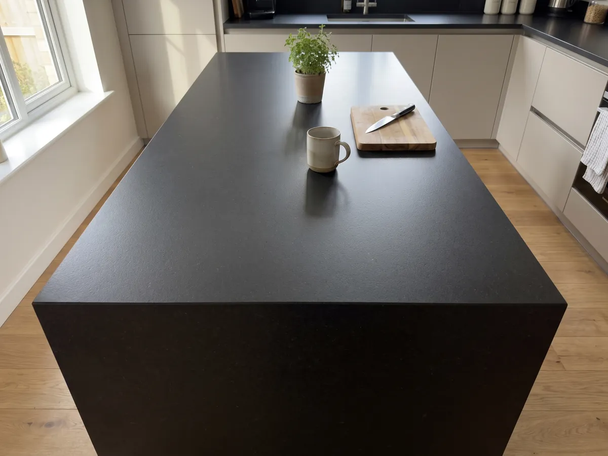 Kitchen island with a Nero Assoluto granite countertop and a straight edge in a natural-light kitchen: a uniform black with no pattern