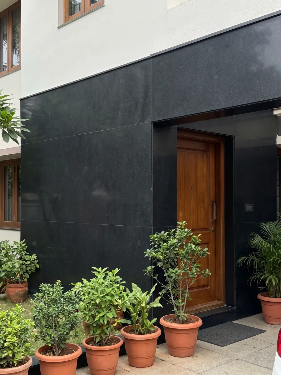 House facade clad in Nero Assoluto black granite next to a wood door: uniform black with no pattern