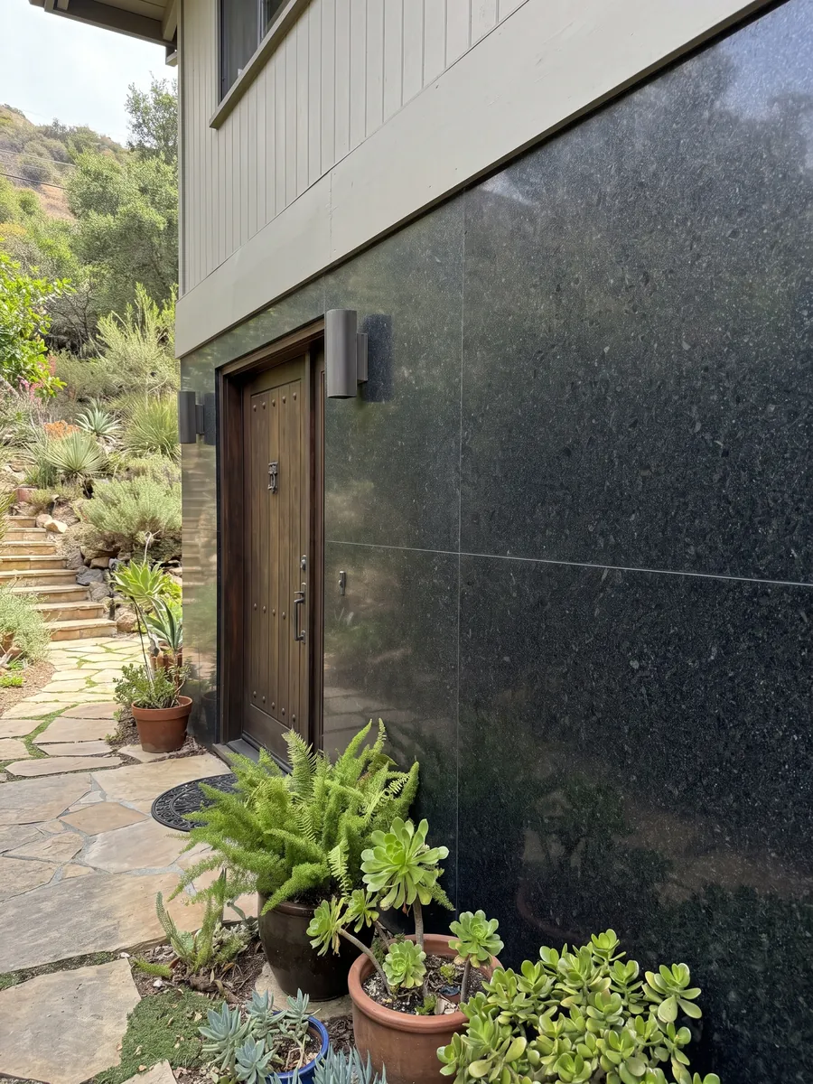 House facade clad in Negro San Gabriel granite next to a wood door: deep black with a medium grain and dark gray specks that show up close