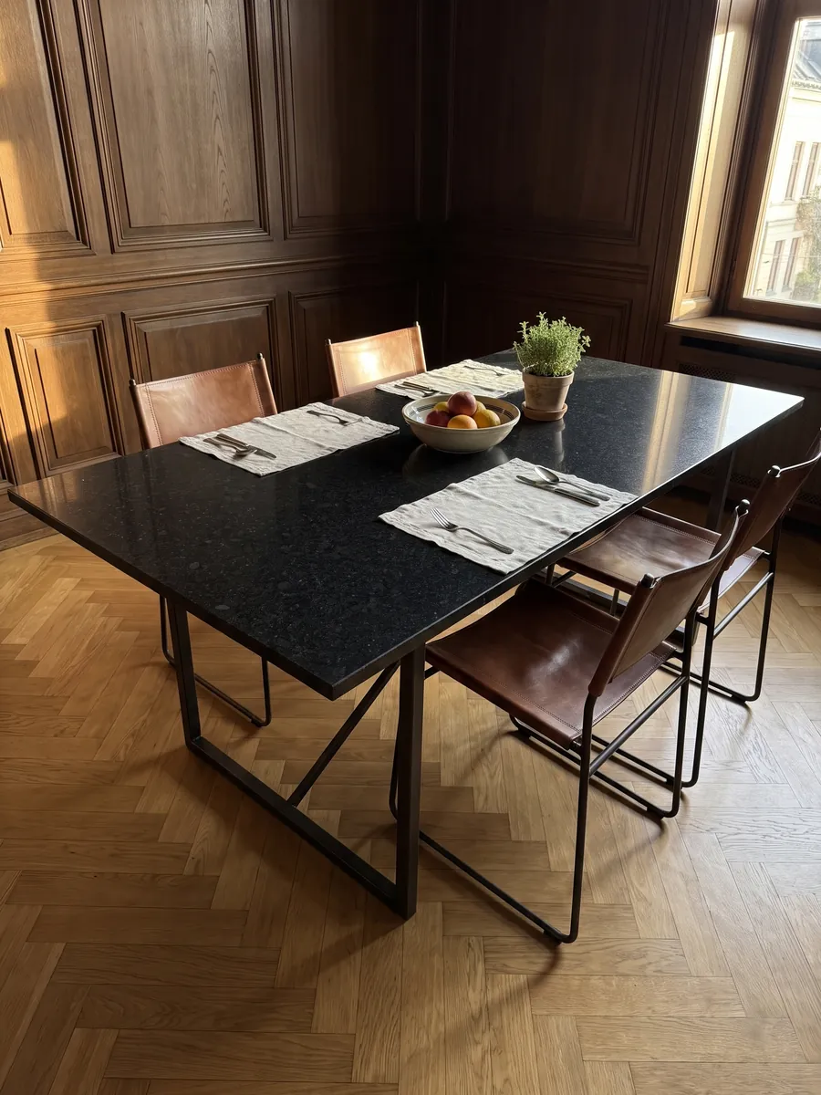 Dining table with a Negro San Gabriel granite top on a steel base: deep black with a medium grain and dark gray specks that show up close