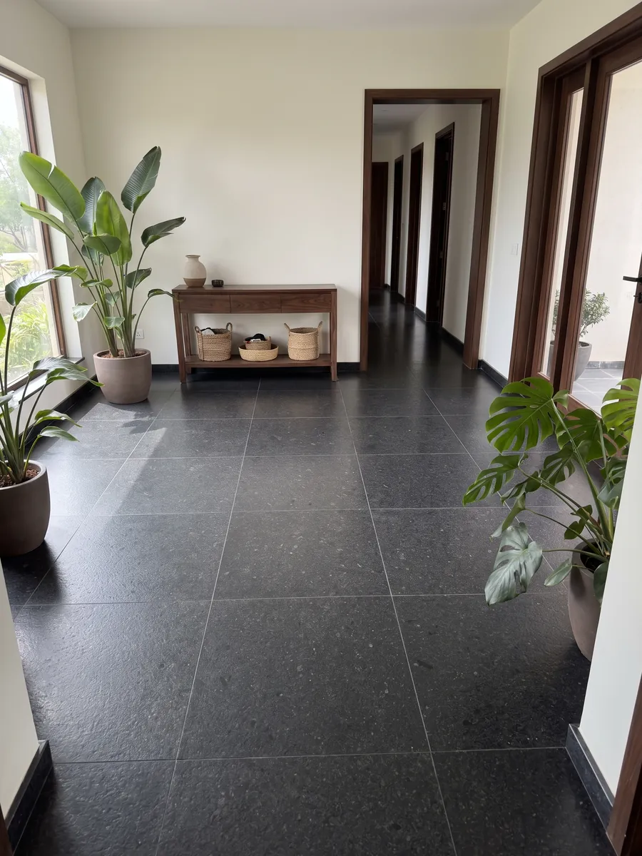 Entryway floor in large Negro San Gabriel granite slabs with natural light: deep black with a medium grain and dark gray specks that show up close