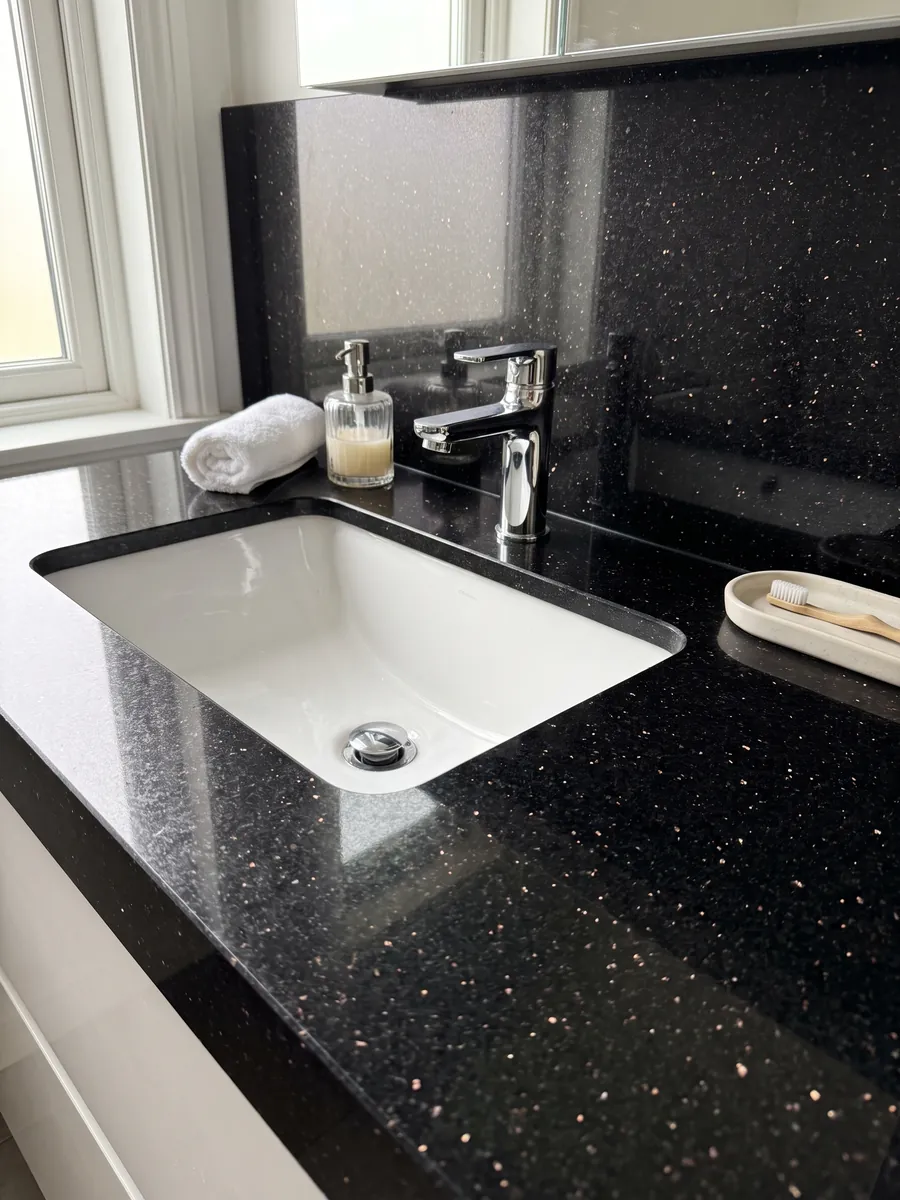 Vanity top and bathroom wall in black Star Galaxy granite with a white sink and chrome fixtures: black with small shining gold flecks