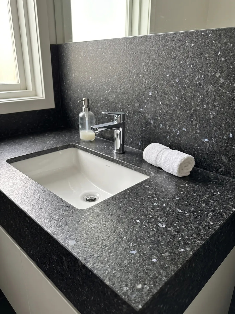 Bathroom vanity top and wall in black Stargate granite with a white sink and chrome fixtures: granular anthracite gray with gray and violet crystals
