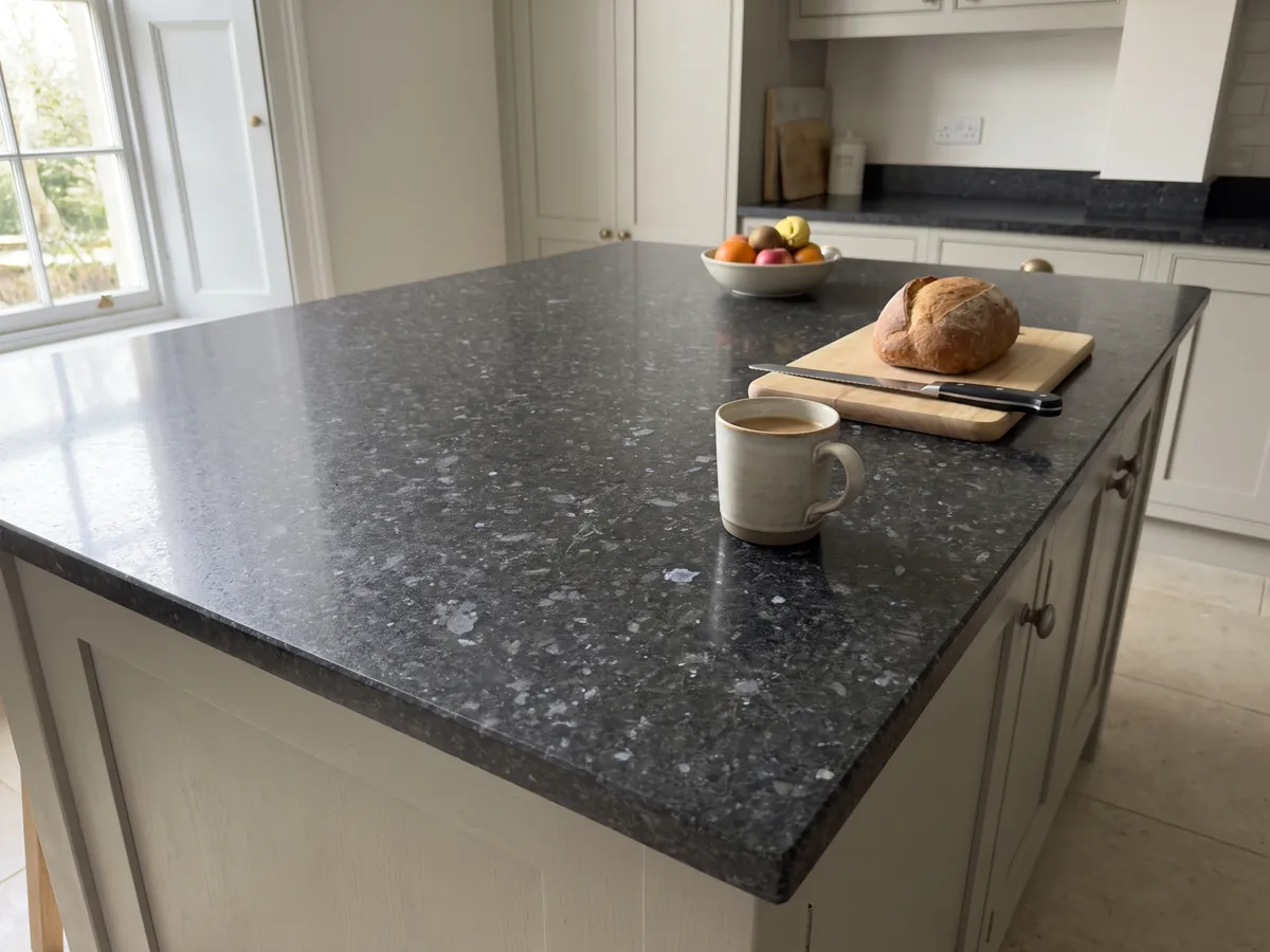 Kitchen island with a black Stargate granite countertop and a straight edge in a natural-light kitchen: granulated anthracite gray with gray and violet crystals