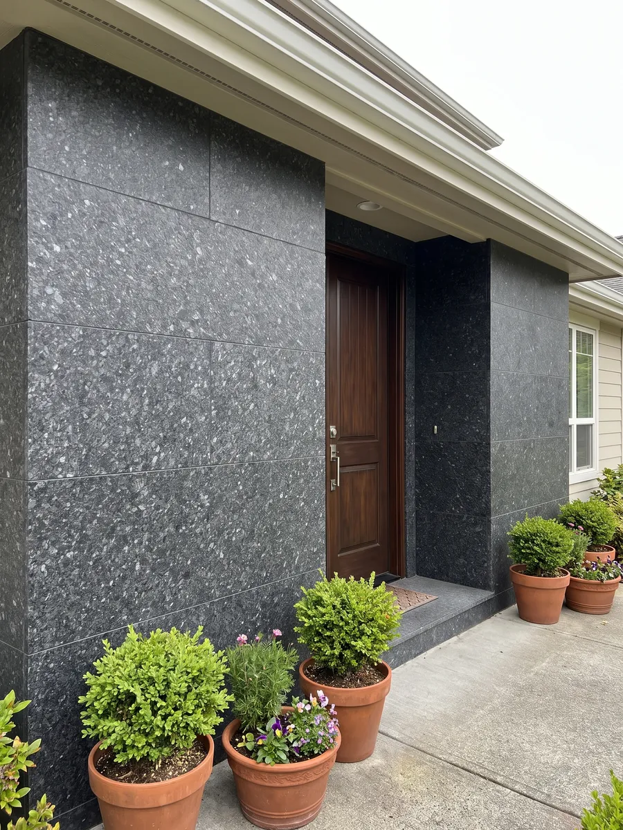 House facade clad in black Stargate granite beside a wooden door: granular anthracite gray with gray and violet crystals