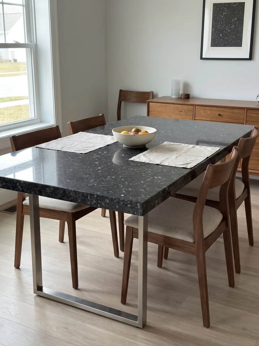 Dining table with a black Stargate granite top on a steel base: granular anthracite gray with gray and violet crystals