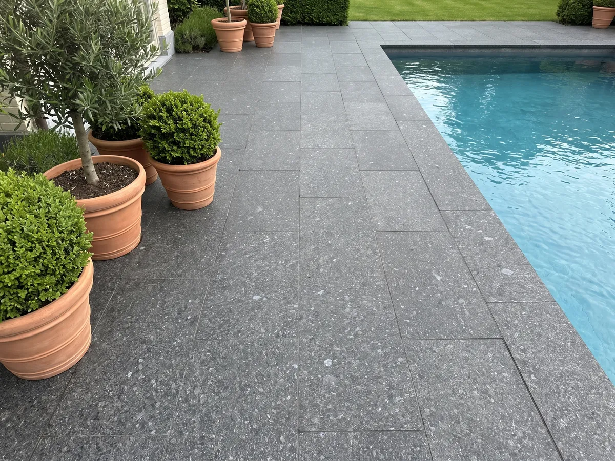 Terrace floor and pool edge in black Stargate granite with planters: grainy anthracite gray with gray and violet crystals
