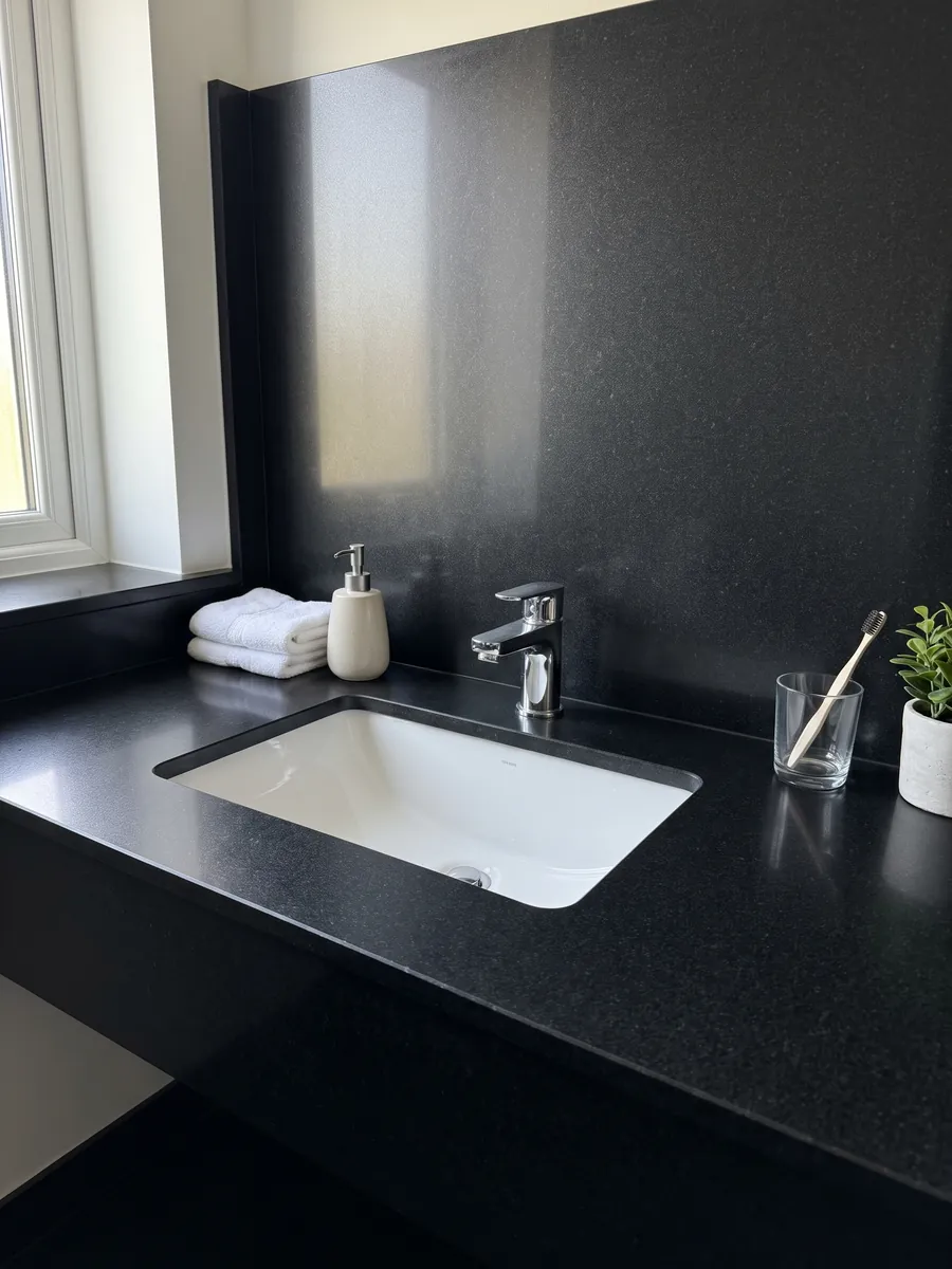 Vanity top and bathroom wall in Titanium Black granite with a white sink and chrome faucets: an almost flat, uniform black with an extremely fine grain you only notice up close