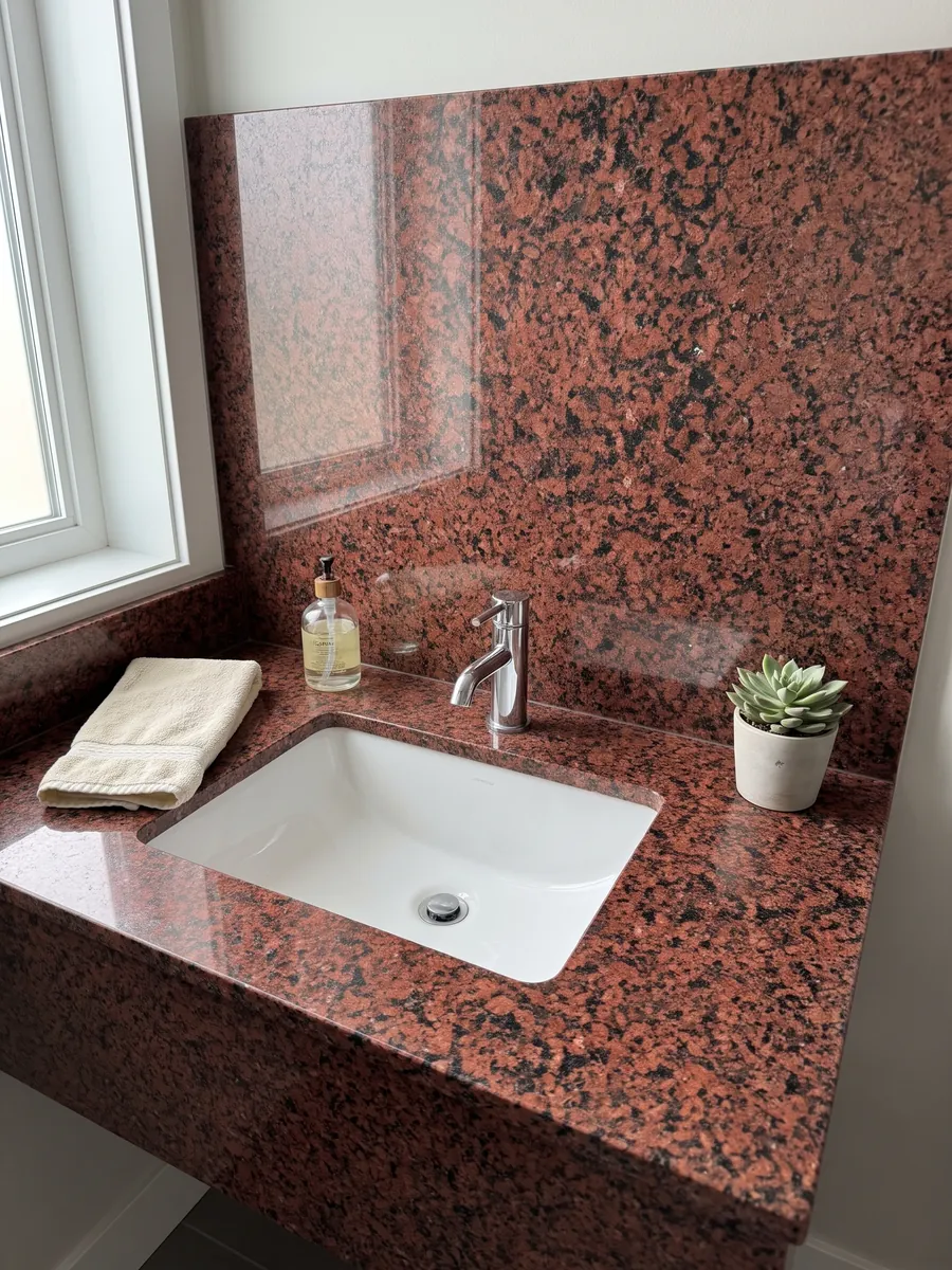 Vanity top and bathroom wall in red Balmoral Red granite with a white sink and chrome faucets: deep granular red with black dots spread evenly