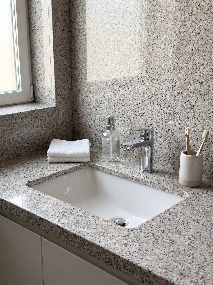 Vanity top and bathroom wall in Rosa Beta granite with a white sink and chrome faucets: white grain with pale pink and black dots