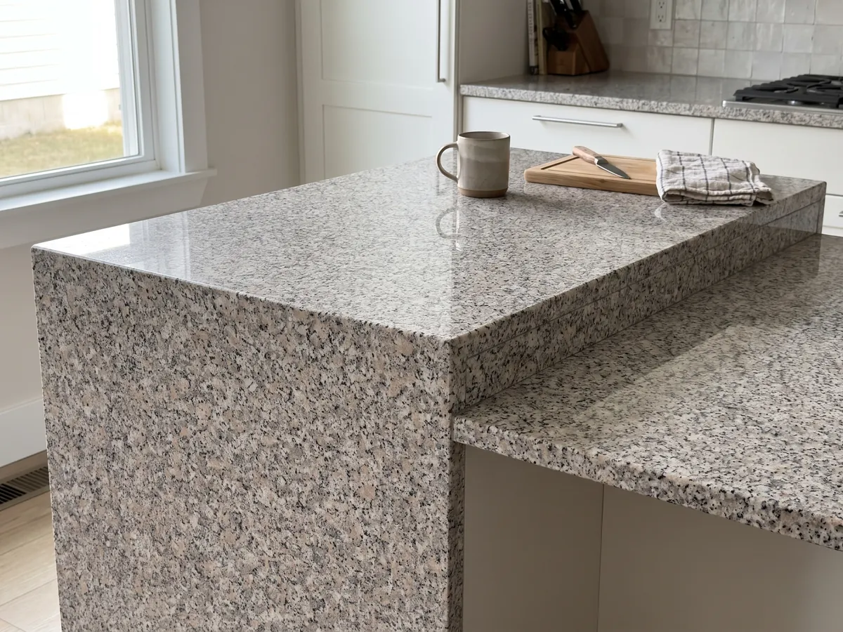 Kitchen island with a Rosa Beta granite countertop and a straight edge in a kitchen with natural light: white grain with pale pink and black dots