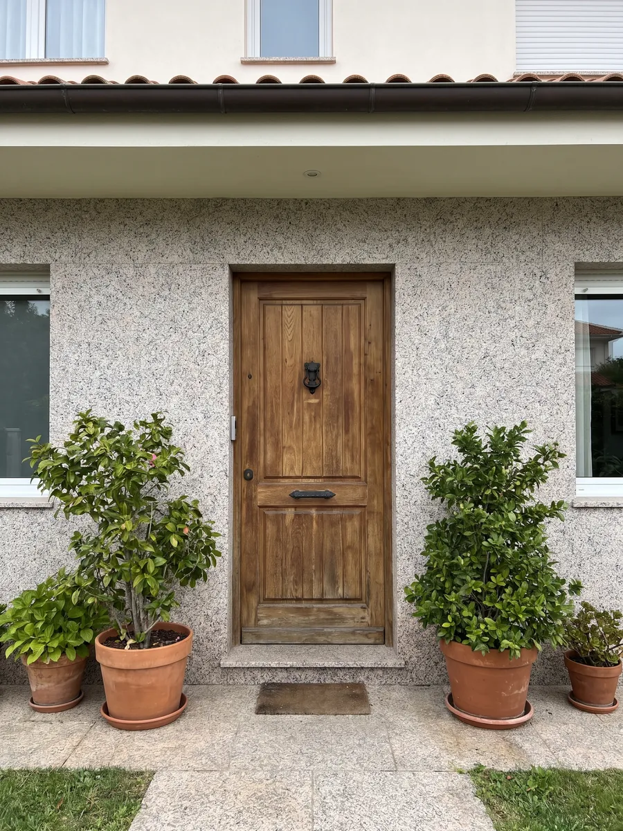 House facade clad in Rosa Beta granite next to a wooden door: white grain with pale pink and black dots